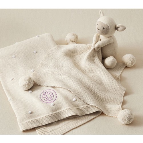 Cotton Sweater Knit Baby Blanket and Lamb Thumbie Set