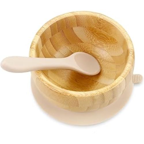 PandaEar Baby Bamboo Suction Bowl with Silicone Spoons, Wooden Baby Bowls for Toddlers & Kids, Divided Non-Slip Wooden Bowl Feeding Supplies
