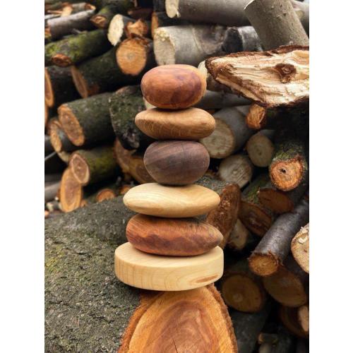 Wild Wooden Stacking Toy with Natural Base | Handmade Pebble Stacker from Forest Woods | Montessori Balance Game & Nature Decor