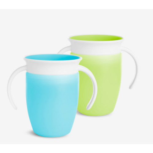 Munchkin Sippy Cup for 6 Month Old and Up, Spill Proof Miracle 360 Toddler Cups with Transition Handles, 7 Ounce, 2 Pack, Blue/Green