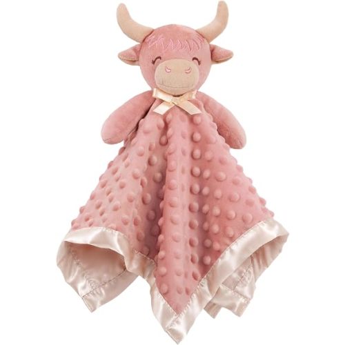 Pro Goleem Highland Cow Security Blanket Soft Loveys for Babies for Boys and Girls Newborn Lovie Infant Blankie Cow Baby Stuff Baby Snuggle Toy Stuffed Animal Baby Gifts 16 Inch,Pink