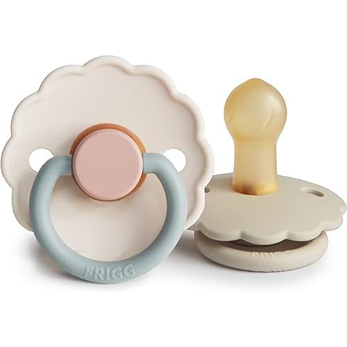 FRIGG Daisy Natural Rubber Baby Pacifier | Made in Denmark | BPA-Free (Cotton Candy/Sandstone, 0-6 Months) 2-Pack