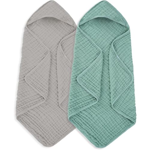 Muslin Hooded Baby Towels 100% Cotton ，Super Soft Muslin Baby Bath Towel - 32 x 32 Inches, Suitable for Newborn and Young Children up to 3 Years Old. (Grey & Green)