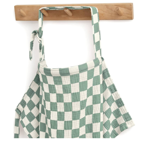 Blissful Diary Muslin Nursing Cover for Breastfeeding, Breathable Breastfeeding Cover up with Arch Neckline for Women, Nursing Apron (Sage Checkboard)