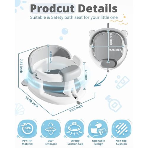 ONTHEWEI Baby Bath Seats for Babies Sitting Up, Non-Slip Baby Bathtub with 3 Suction Cups, Safe & Comfortable Toddler Bath Seat Ideal for Baby Bath/Shower Support, Stable Design, Grey (6-24 Months)
