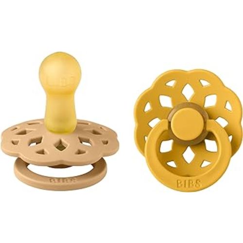 BIBS Boheme Pacifiers 2 Pack BPA Free Cherry Shape Nipple Natural Rubber Latex Made in Denmark | Sand/Honey Bee