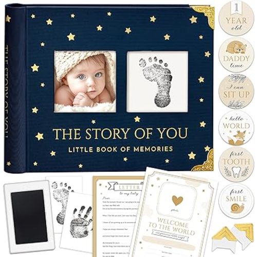 Book Keepsake, Baby Memory Book From Pre-Birth to 5th Year, with 2 Photo Pockets, Milestone Stickers, Hand/Footprint Inkpad, Baby Album and Baby Book for Girls or Boys (Dark Navy)