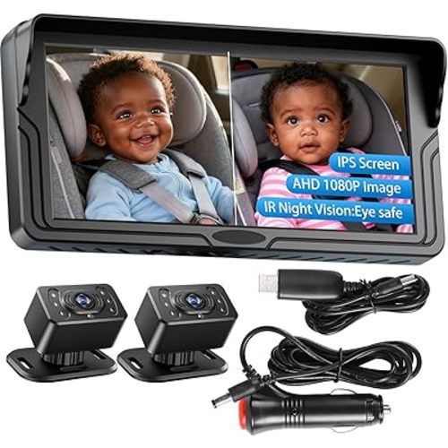 Dual Baby Car Camera for 2 Kids - 6.86 Inch IPS AHD 1080P Split Screen Monitor with 2 Backseat Cameras, Cigarette Lighter & USB Powered, IR Night Vision, 360° Rotatable, Rear-Facing Mirror