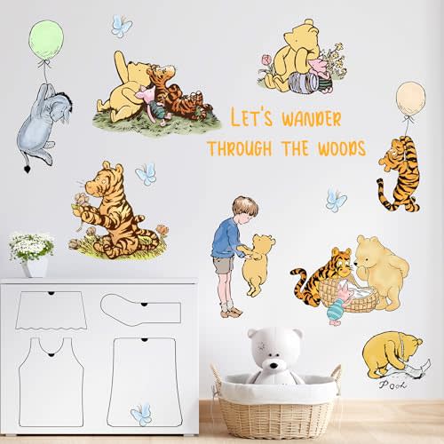 Winnie Character Stickers, Winnie Inspirational Stickers, The Pooh Wall Stickers for Kids, The Pooh Removable Sticker for Baby Kids Nursery Children Room Bedroom Living Room Playroom Wall Decoration