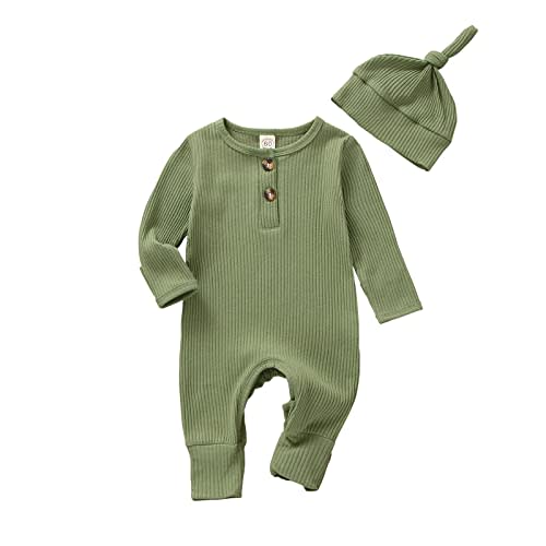 Infant Boys Girls Clothes Set Newborn Baby Romper Hat Ribbed Knit Long Sleeve Button Solid Bodysuit Jumpsuit