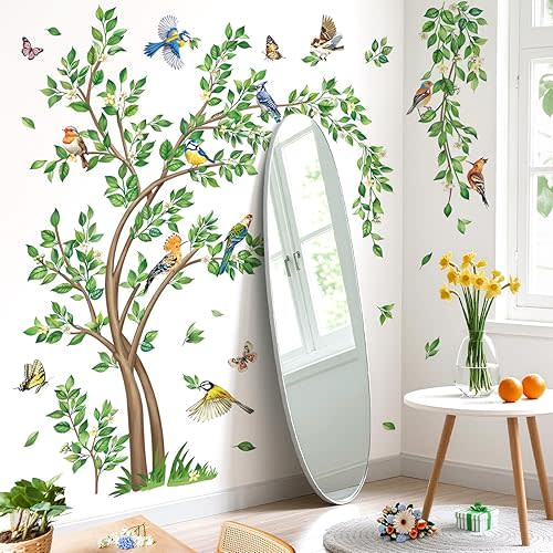 decalmile Large Green Tree Wall Decals Flying Leaves Hanging Vines Birds Wall Stickers Bedroom Living Room Sofa TV Background Home Decor