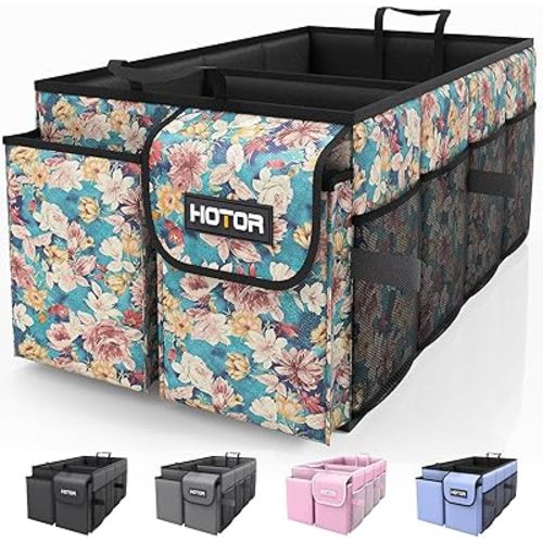HOTOR Trunk Organizer - Foldable Car Storage for SUVs & Sedans, Sturdy Organization for Accessories, Tools, Sundries, Blue Flower, 2 Compartments, 21.3"12.6"10.6"