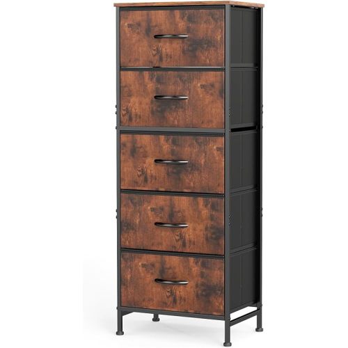 OLIXIS Tall 5 Drawer Fabric Dresser Storage Tower Bedroom Organizer, Brown