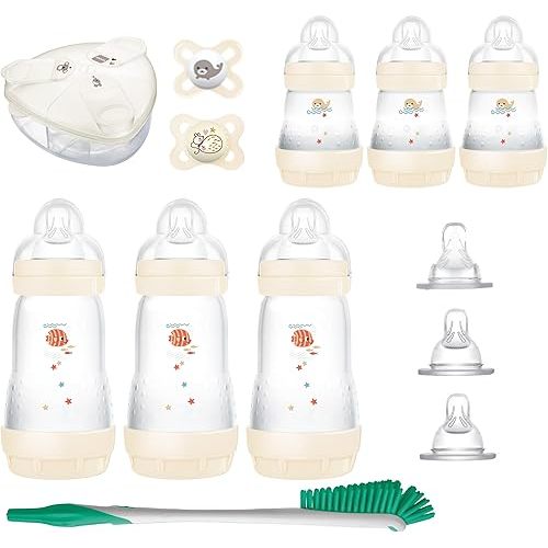 MAM Baby’s First Gift Feeding Set, Newborn Essentials Must Have for 0-3 Months, Self-Sterilizing Anti-Colic Bottles & Brush, Pacifiers, Skinsoft Silicone Nipples & Formula Dispenser, Unisex Set