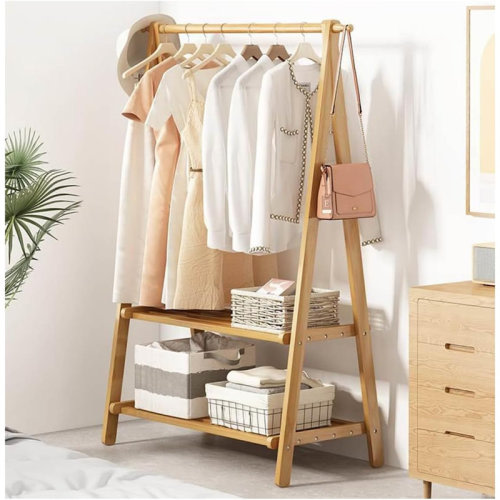Ebern Designs Bamboo Free Standing Foldable Clothes Rack, Coat Rack Stand with 2 Tier Storage Shelves, with 2 Hooks, for Bedroom/Office/Entryway | Wayfair