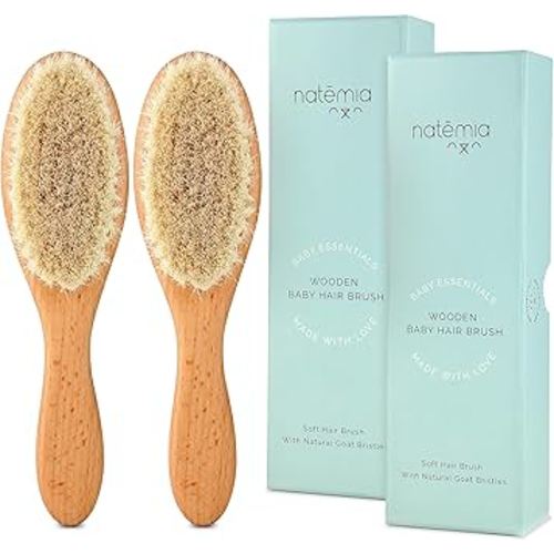 Natemia Soft Bristle Baby Hair Brush Set - 2 Pack Wooden Brushes for Newborns, Toddlers, and Baby Registry Gift