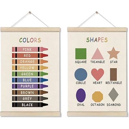 Colors Shapes Posters Hanger Frame, Educational Posters for Toddler Kids, Set of 2 Montessori Nursery Wall Decor, Learning Artwork for Nursery Kids Room, Homeschool, Boho Classroom Decor 16x12 Inch