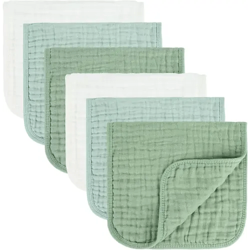 Baby Burp Cloth 100% Cotton Newborn Cotton Muslin Burp Cloth 10x20 inches (White & Green 6 Pieces)