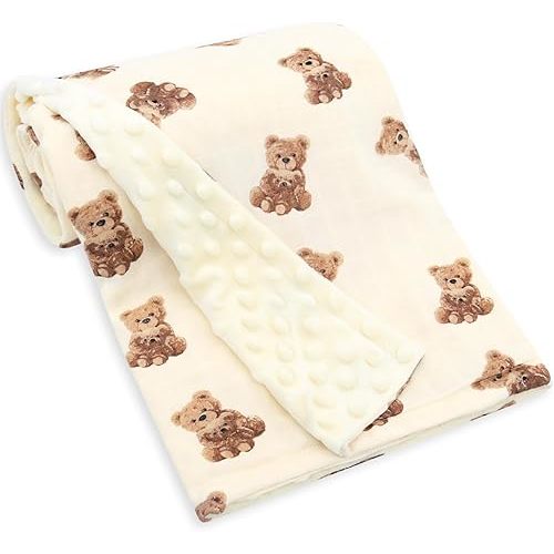 LifeTree Minky Baby Girl & Boy Blankets, Soft Double Layer Swaddle Blankets Neutral, Muslin Front and Dotted Fleece Backing Receiving Bed Throw Blanket for Newborn Unisex, 31X40 Inches, Bear Pattern