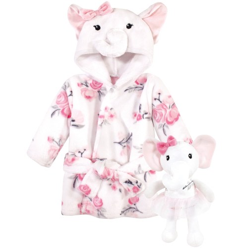 Hudson Baby Infant Girl Plush Bathrobe and Toy Set, White Elephant, One Size - White Elephant - One Size