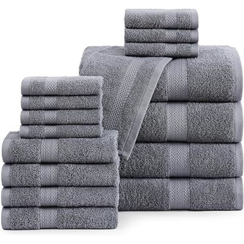 LANE LINEN 100% Cotton Luxury Bath Towel Set - 16 Pieces - Ring Spun, Super Soft & Highly Absorbent - 4 Bath, 8 Washcloths, 4 Hand Towels for Bathroom - Holds Well After Multiple Washes - Cool Grey