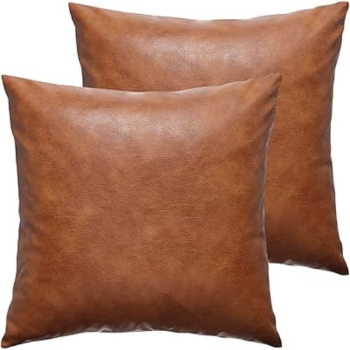 Faux Leather Throw Pillow Covers 18X18 Inch Set of 2 Brown Outdoor Modern Farmhouse Solid Decorative Pillow Covers for Room Couch Living Bedroom Bed Sofa
