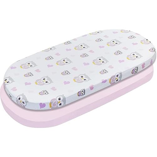 2-Pack Bassinet Sheets - 100% Cotton Percale Weave Owls and Pink Bassinet Mattress Pad Fitted Sheets for Baby Girl; Compatible with Bassinet Bedside Co-Sleeper Lounger Brands; Oval Rectangle Mattress