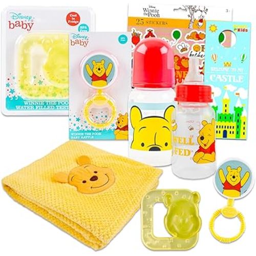Disney Winnie The Pooh Baby Gift Set, Baby Shower Gifts Girls Neutral - 6 Pc Newborn Essentials Bundle with Blanket, Rattle, Bottle, Teether, Scrapbook Stickers, More