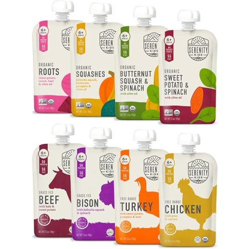 Serenity Kids 6+ Months Baby Food Pouches Puree Made with Ethically Sourced Meats & Organic Veggies - No Sugary Fruits or Added Sugar - 3.5 Oz BPA & Allergen Free Pouch- Baby Puree Variety Pack