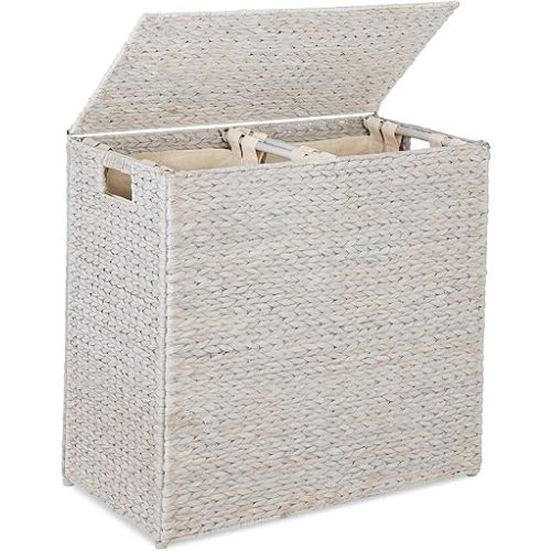 Best Choice Products Large Double Laundry Hamper with Lid, Natural Handwoven Water Hyacinth, 2 Sections w/ 2 Machine Washable Linen Liner Bags, Portable, Handles - White