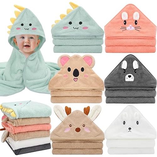 6 Pack Baby Hooded Bath Towels, Premium Ultra Soft Absorbent Coral Fleece Bath Towel Set for Newborns, Infants, Toddlers, and Kids, 31.5 X 31.5 Inch Hooded Towel for Boys and Girls