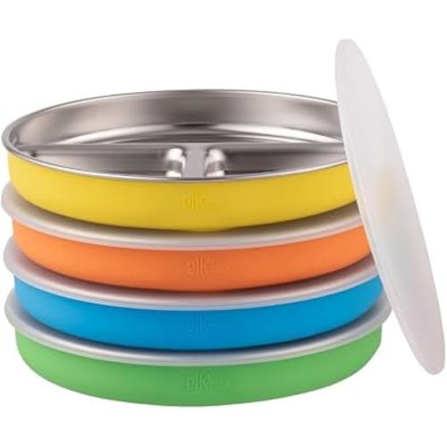 Elk and Friends Kids Stainless Steel Divided Plates with Silicone Sleeves | Lids Included | Suitable for Babies/Toddlers | Dishwasher Safe | Non Slip Dinnerware | Snack Dishes | 4 Pack