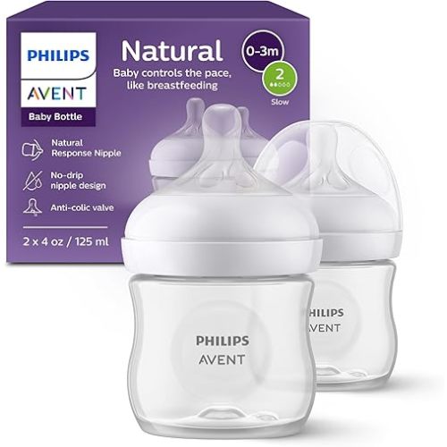 Philips Avent Natural Baby Bottles with Natural Response Nipples (Slow Flow, Flow 2), 4oz, 2-Pack, SCY900/02