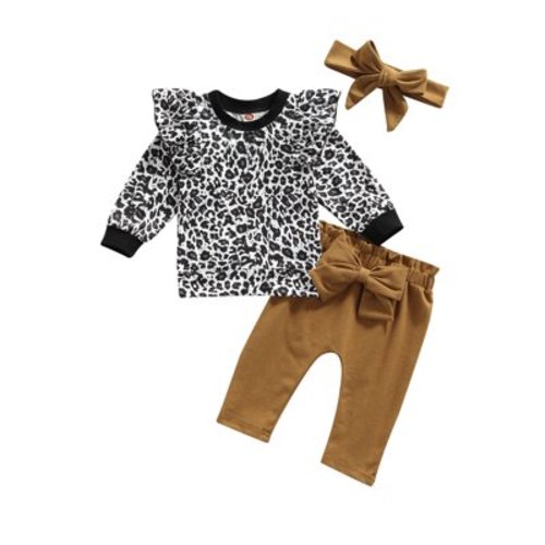 BABAMOON 3Pcs Infant Baby Girls Spring Fall Clothes Leopard Print Ruffles Long Sleeve Pullover Tops Pants Headband Set