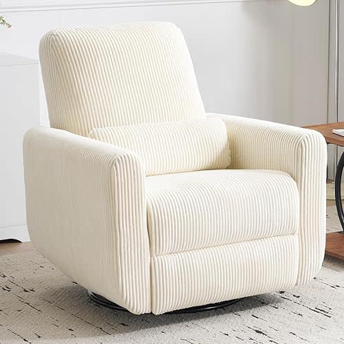 Rhevoy 360° Swivel Glider Recliner Chair, Oversized Rocker Recliner with Heating and Massage, Glider Chair for Nursery with Pillow,24" Extra Wide Rocking Chair for Living Room, Corduroy Beige