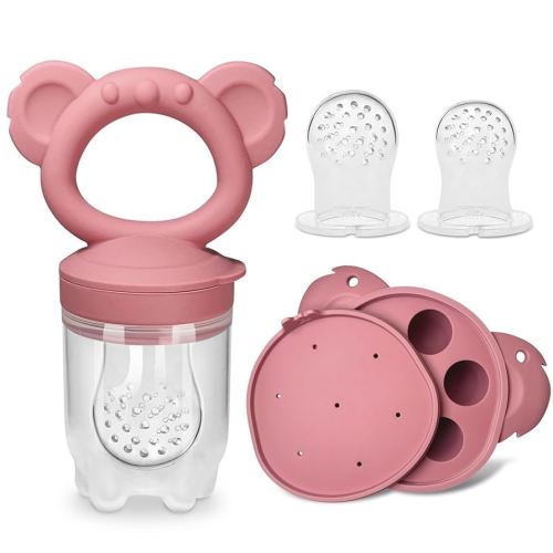 Koala Baby Feeder Set, Silicone Baby Fruit Feeder with Koala Freezer Tray – Safely Introduce New Foods, Teething Relief – Perfect for Breast Milk & Self-Feeding for Babies & Infants (Power Rose)