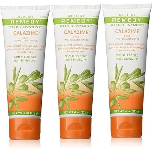 Medline Remedy Olivamine Calazime Skin Protectant Paste Cream, Used with Dry Chapped from Diaper Rash, Incontinence, Dermatitis, Psoriasis, Burns, Bites, White, 4 Oz, 3 Count