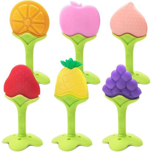 6 Pack Baby Teething Toys for Newborn Infant, BPA Free Freezer Safe Silicone Fruit Baby Teethers Soothe Babies Gums Set for Babies 0-6 Months 6-12 Months