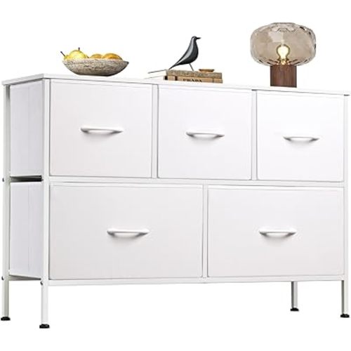 WLIVE White Dresser for Bedroom with 5 Drawers, Chest of Drawers, Fabric Small Dresser with Drawer Organizers, Storage Organizer Unit for Hallway, Entryway, Closets