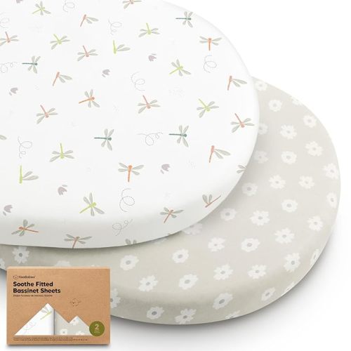 2-Pack Organic Bassinet Sheets for Girls, Boys - 33x17 Cotton Bassinet Mattress Sheets Fitted Compatible with Halo Bassinest Swivel Sleeper, Graco, Baby Delight, Chicco, Soft & Breathable (Meadow)