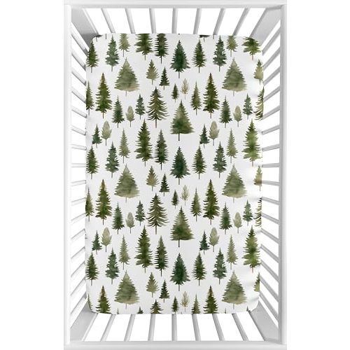 Sweet Jojo Designs Sage Green Woodland Boy Girl Gender Neutral Unisex Fitted Mini Crib Sheet Baby Nursery Infant Newborn Bed Room Portable Pack n Play Mattress Forest Nature Pine Tree Watercolor Woods