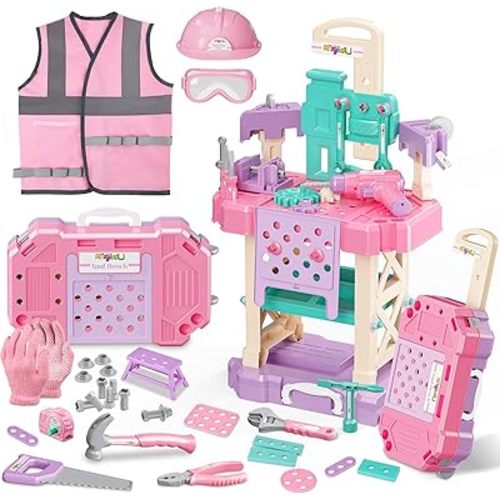 Kids Tool Bench Set,MAGIC4U 89PCS Toddler Tool Workbench with Electirc Drill 12 Tools Equipement,Safety Vest & Hat,Pretend Play Kids Construction Toys Gift for Girls Boys Age 3,4,5,6,7,8