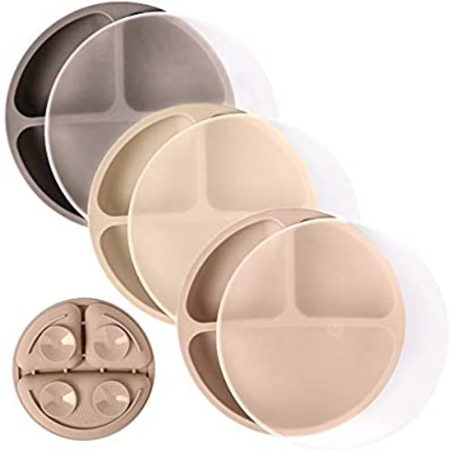 WeeSprout Suction Plates with Lids for Babies & Toddlers | 100% Silicone | Plates Stay Put with Suction Feature | Divided Design | Microwave & Dishwasher Safe | 3 Pack