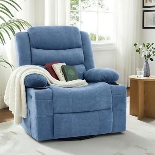 Swivel Rocker Recliner Chair, Manual Recliner Single Sofa with Cup Holders and Side Pocket, Chenille Fabric, Upholstered Nursery Rocking Chair for Living Room, Bedroom, Blue