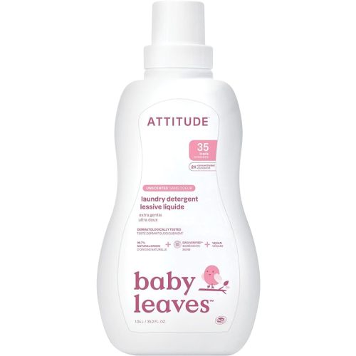 ATTITUDE Baby Laundry Detergent Liquid, Made in Canada, EWG Verified, Safe for Baby Clothes, Infant and Newborn, Vegan and Naturally Derived Washing Soap, HE Compatible, Unscented, 80 Loads, 2 Liters