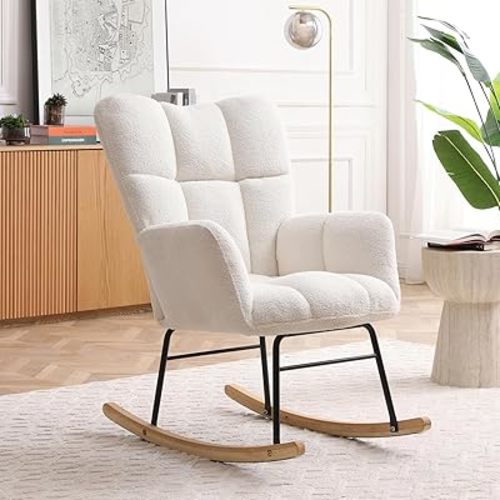 HANXIN Rocking Chair Nursery, Teddy Upholstered Glider Rocker with High Backrest, Reading Chair Modern Rocking Accent Chairs Glider Recliner for Living Room, Bedroom and Offices (Beige)