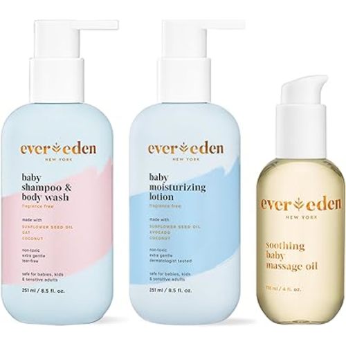 Evereden Baby Bathtime Basics Trio | Baby Shampoo and Body Wash, 8.5 fl oz & Fragrance Free Baby Moisturizing Lotion, 8.5 fl oz & Soothing Baby Massage Oil, 4 fl oz | 3 Item Bundle Set | Clean