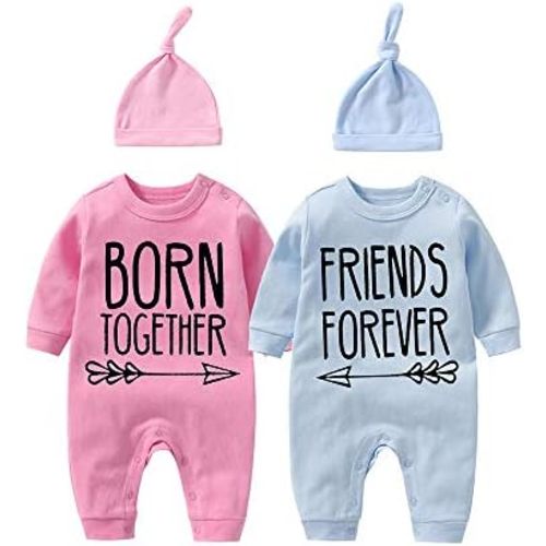 YSCULBUTOL Baby Twins Bodysuit with hat Born Together Friend Forever Baby boy Clothes Toddler Girl Clothes