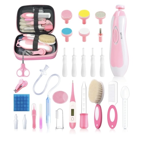 28 in 1 Baby Healthcare and Grooming Kit, Infant Baby Nursery Kit Electric Nail Trimmer Set with Gas Colic Passer Nasal Aspirator Nail Clipper Hair Brush Comb for Newborn Girls Boys (Pink)