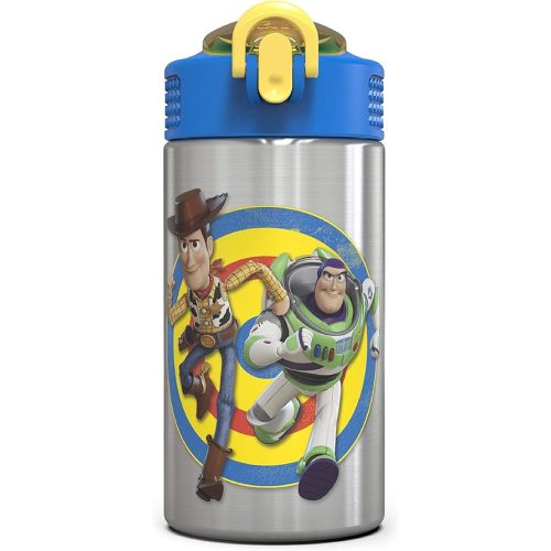 Zak Designs Toy Story 4 Buzz & Woody 15.5 ounce Water Bottle, One Hand Operation Action Lid and Built-in Carrying Loop, with Straw is Perfect for Kids